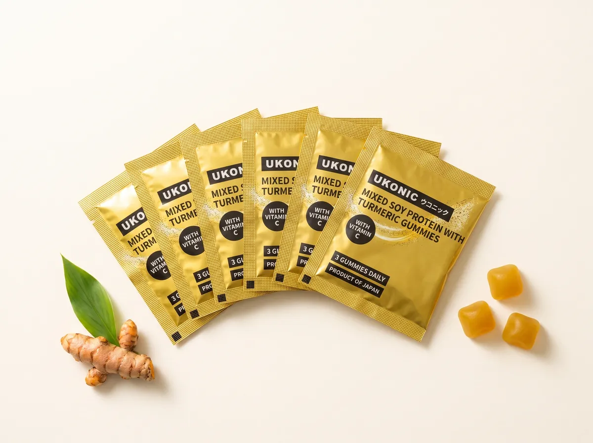 Seven gold UKONIC single-serve sachets fanned out with turmeric gummies